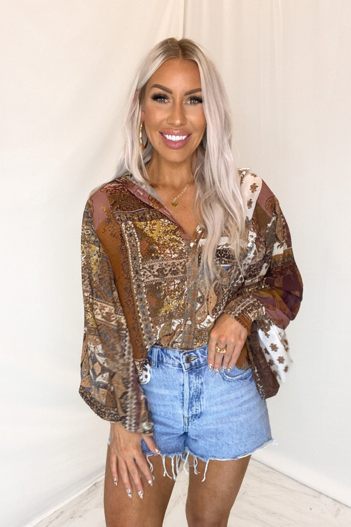 Pattern Balloon Sleeve Button Down Blouse