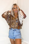 Pattern Balloon Sleeve Button Down Blouse