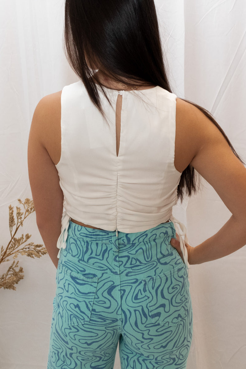 White Satin Ruched Tie Tank Top