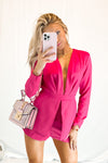 Pink Deep V-Neck Long Sleeve Romper