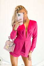Pink Deep V-Neck Long Sleeve Romper