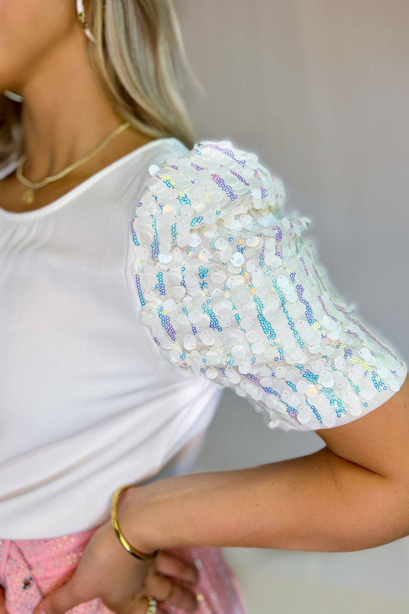 White Sequin Puff Sleeve Top