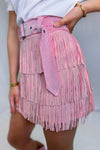 Baby Pink Metallic Belted Fringe Skirt