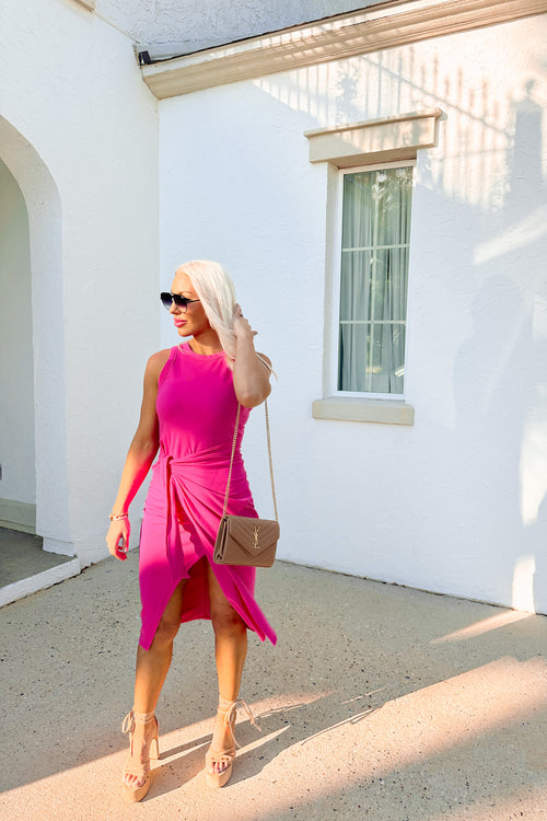 Hot Pink Front Tie Midi Dress