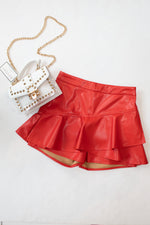 Red Faux Leather Ruffle Skort