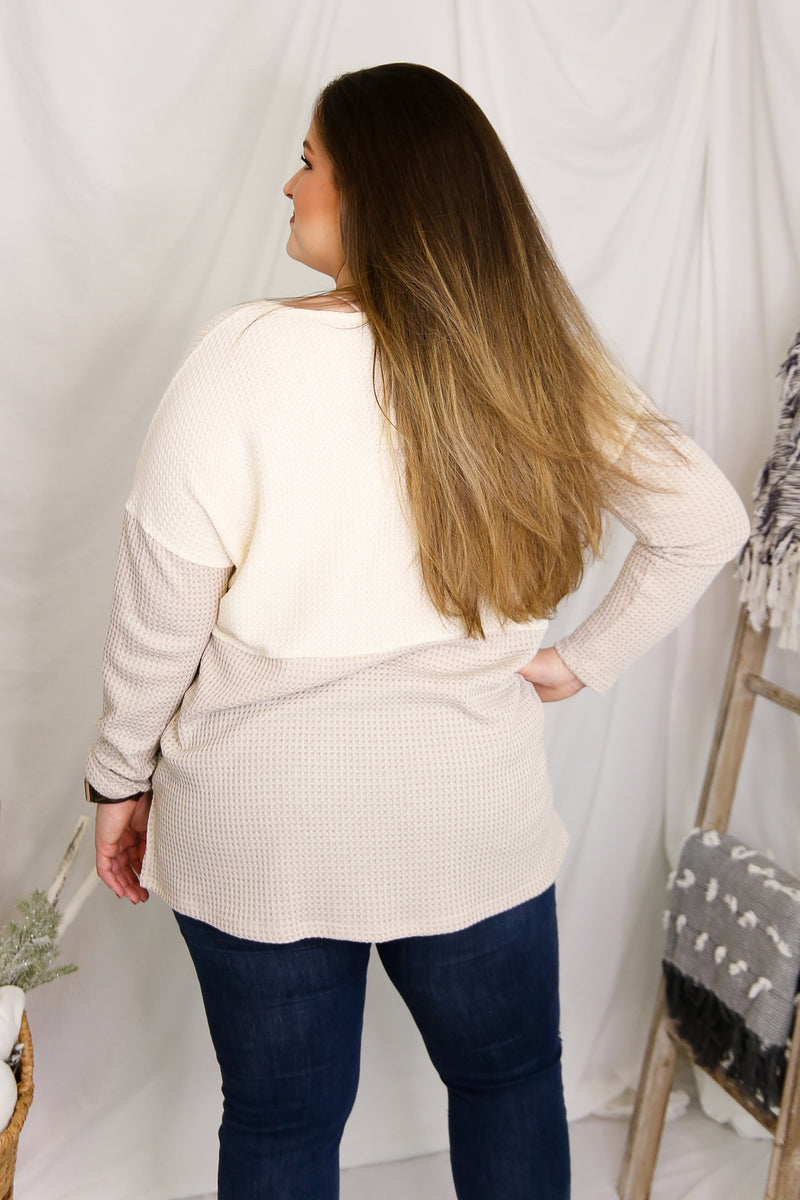 Ivory Color Block Long Sleeve Waffle Top - Shop Kendry Collection