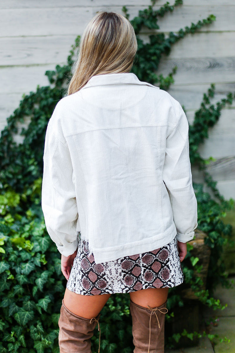 Ivory Corduroy Distressed Hem Jacket
