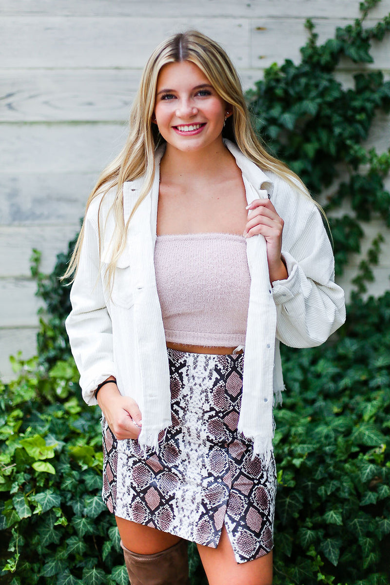 Ivory Corduroy Distressed Hem Jacket