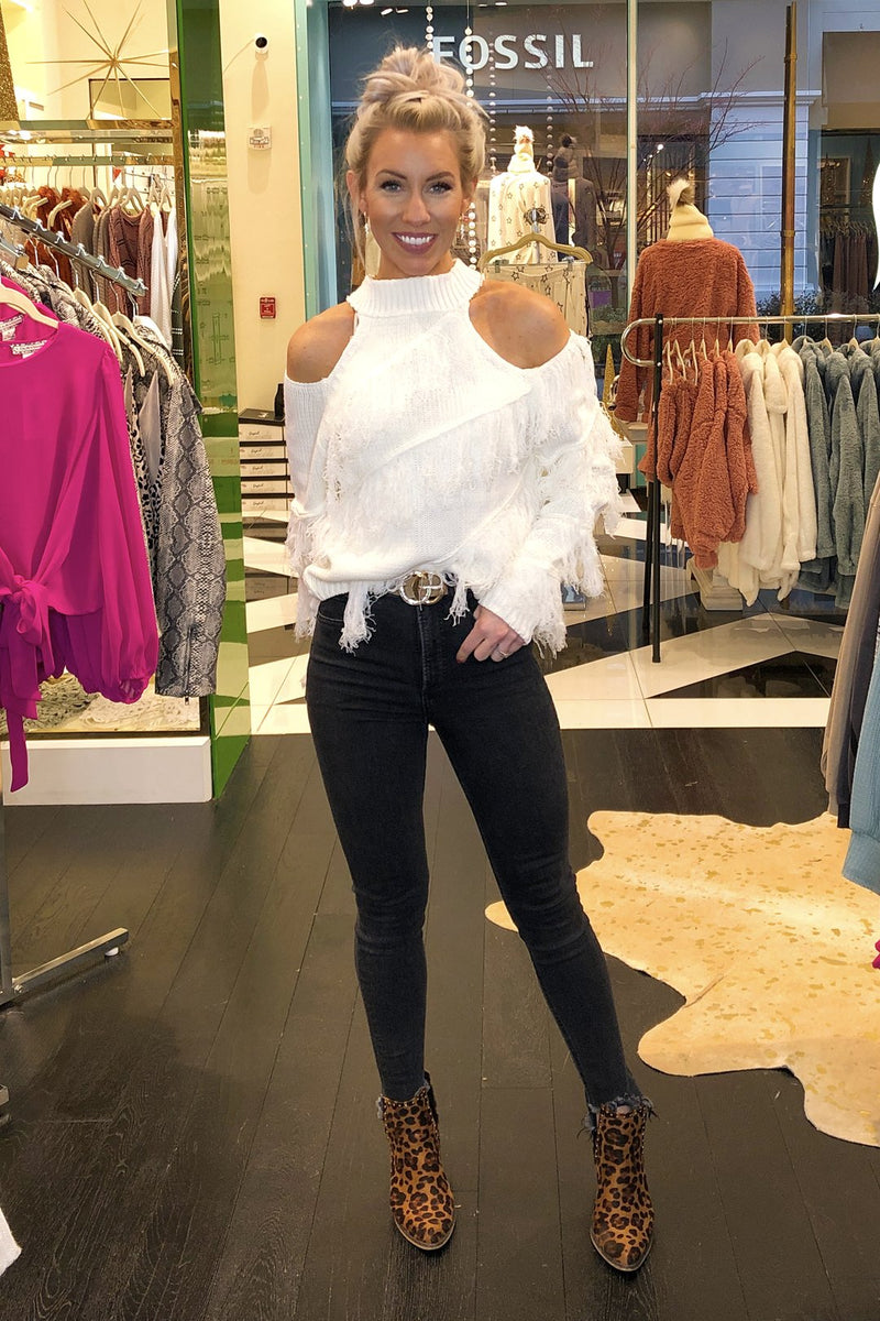 Ivory Double Cutout Shoulder Sweater With Fringe - Shop Kendry Collection