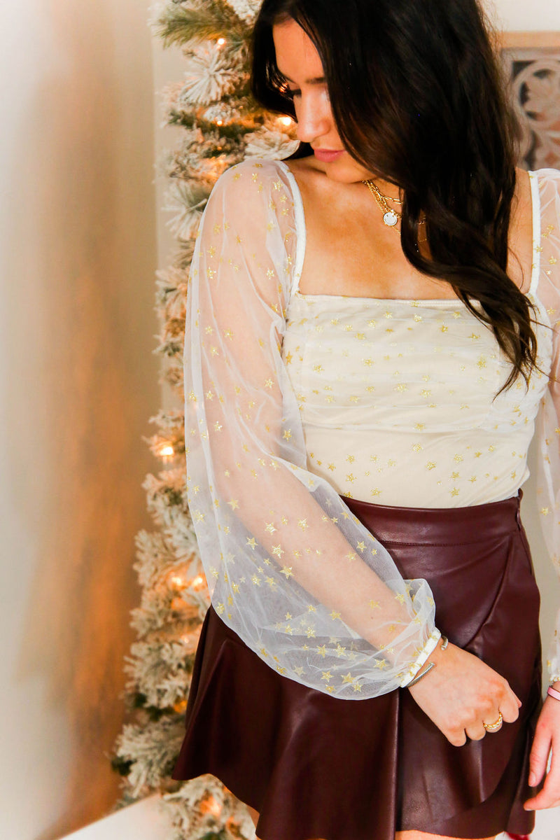 Ivory and Gold Star Mesh Sleeve Bodysuit - Kendry Collection Boutique