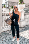 Jet Setter Black One Shoulder Jogger Jumpsuit - Kendry Collection Boutique