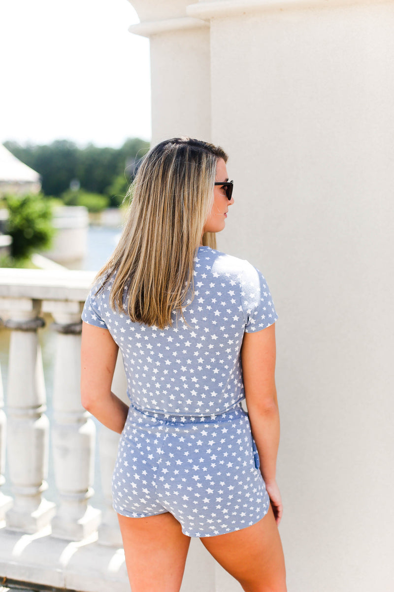 Blue and White Star Pattern Two Piece Short Set