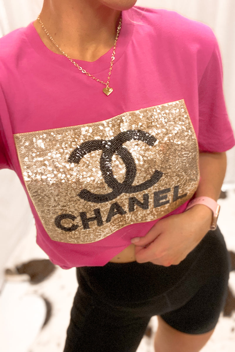 Carly Pink Sequin Patch Graphic Tee