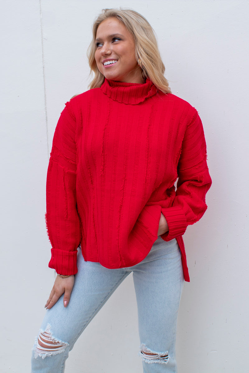 Red Ribbed Turtle Neck Sweater