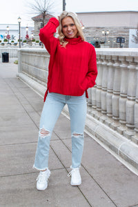 Red Ribbed Turtle Neck Sweater