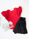 Red Ruffle Sleeve V-Neck Bodysuit