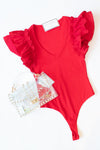 Red Ruffle Sleeve V-Neck Bodysuit