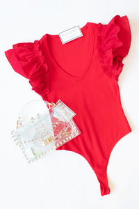 Red Ruffle Sleeve V-Neck Bodysuit