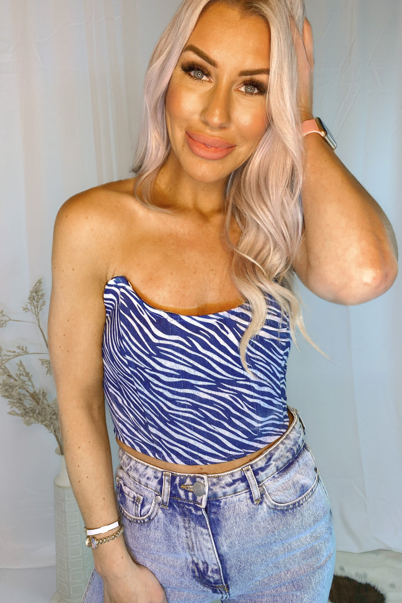 Lace Up Denim Zebra Corset Top- Kendry Collection Boutique