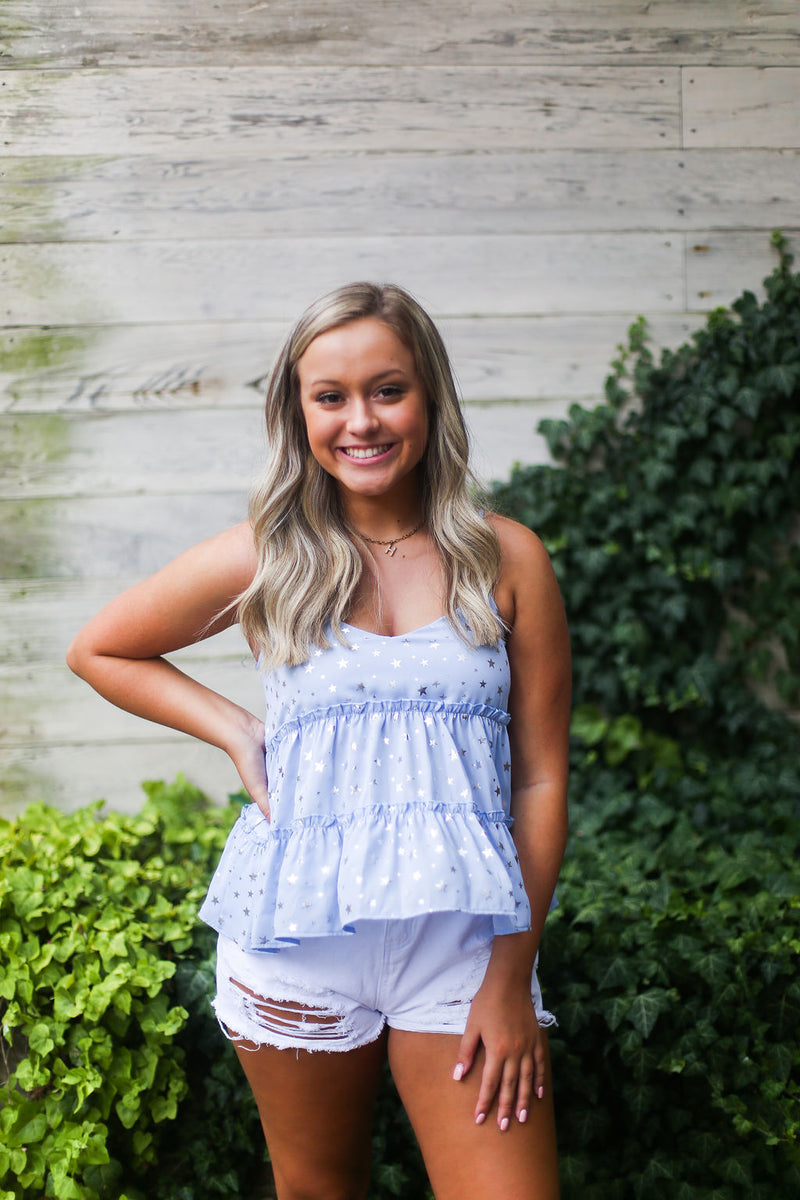 Light Blue Silver Star Pattern Tank Top - Kendry Collection Boutique