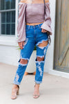 Long Sleeve Mauve Square Neck Ruched Blouse With Distressed Girlfriend Jeans- Kendry Collection Boutique