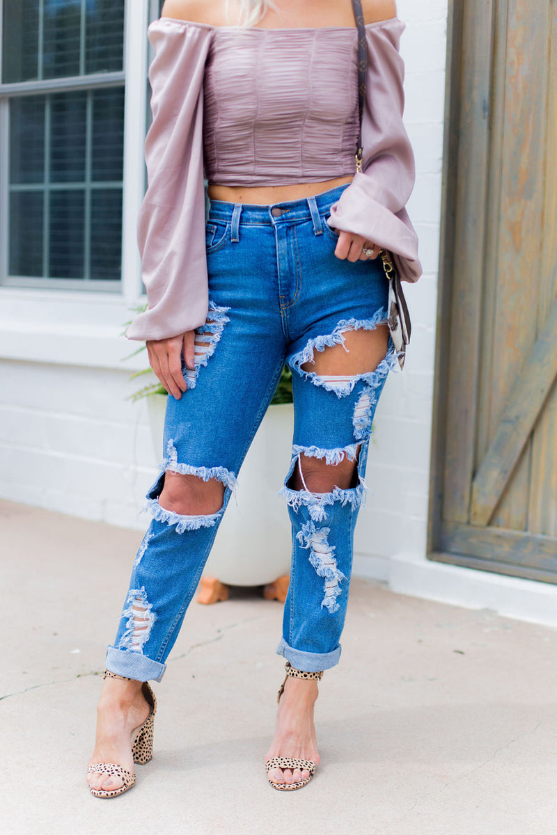 Kayla High Waisted Distressed Girlfriend Jeans - Medium Wash