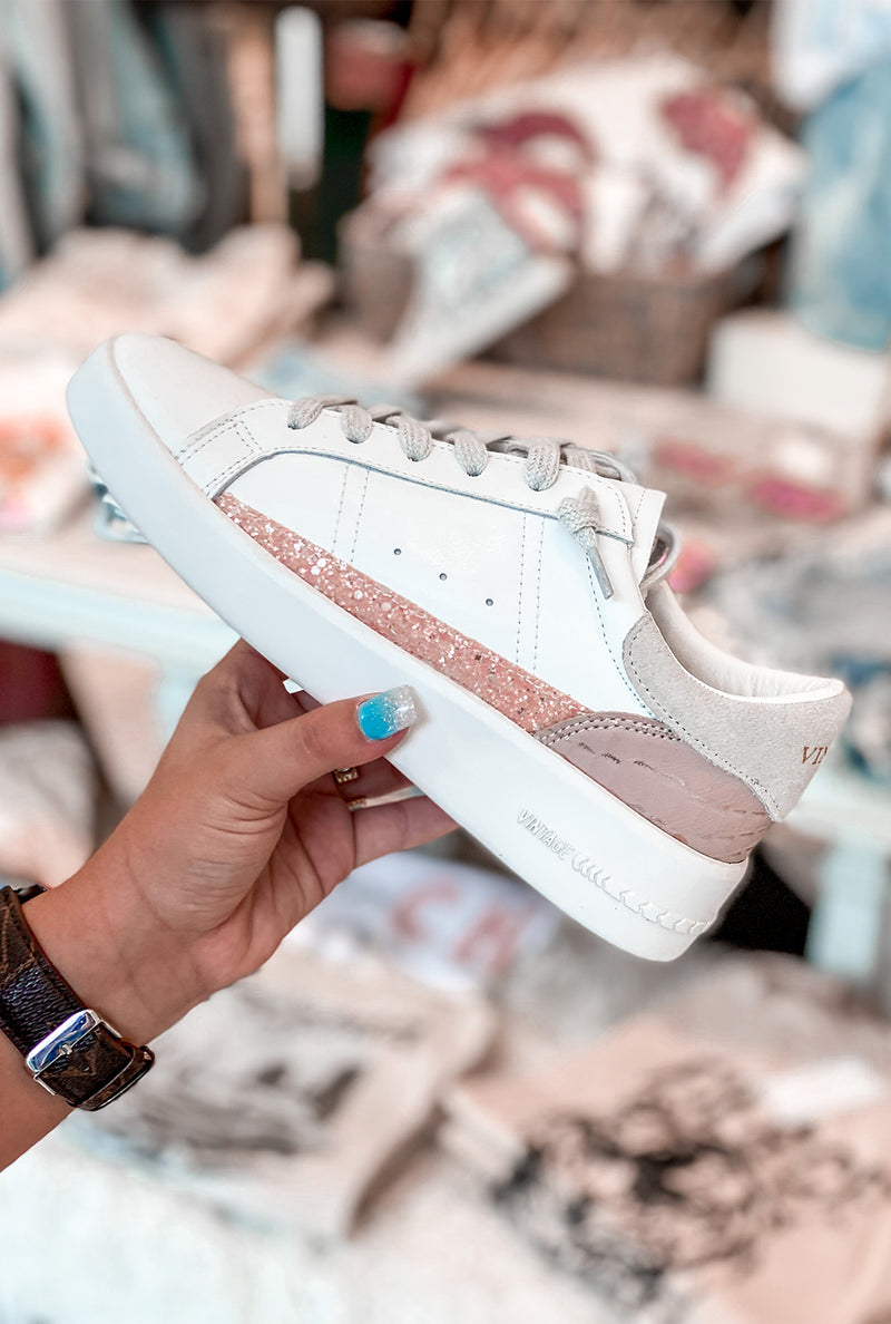 Mabely White And Pink Glitter Low Top Glitter Vintage Havana Sneaker - Shop Kendry Collection Boutique
