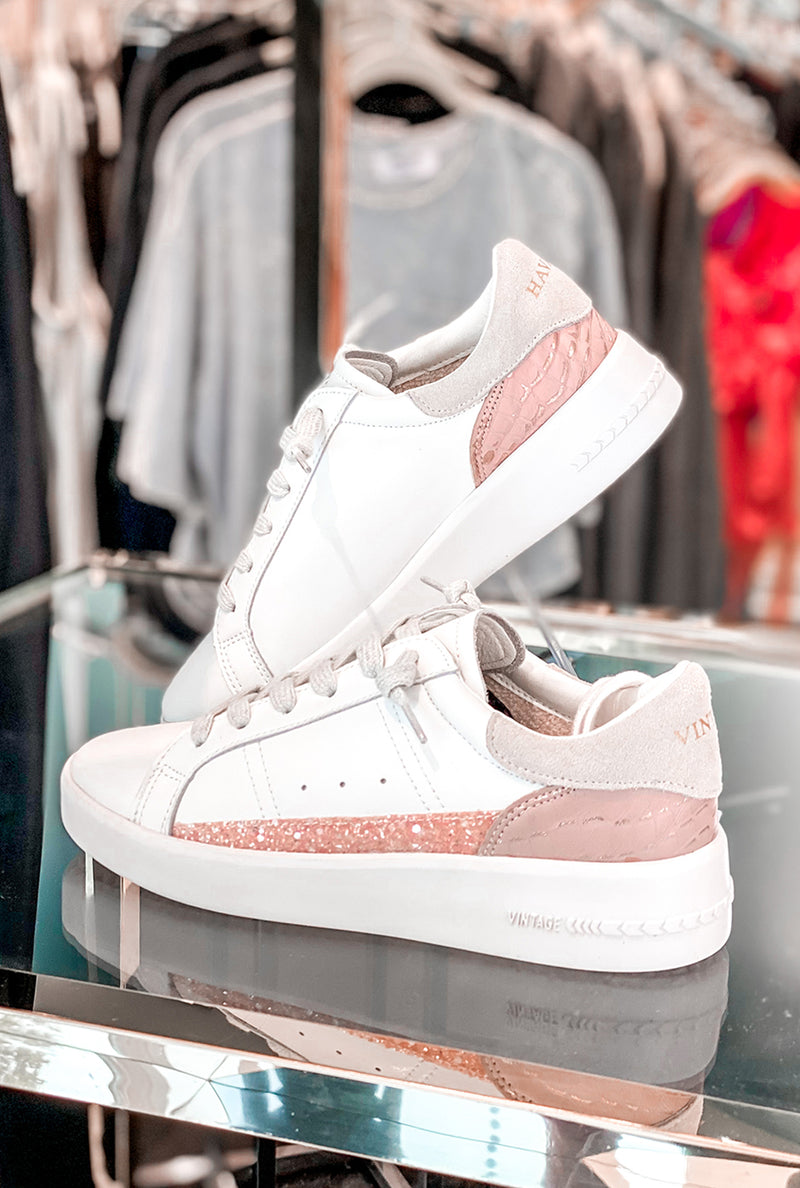 Mabely White And Pink Glitter Low Top Glitter Vintage Havana Sneaker - Shop Kendry Collection Boutique