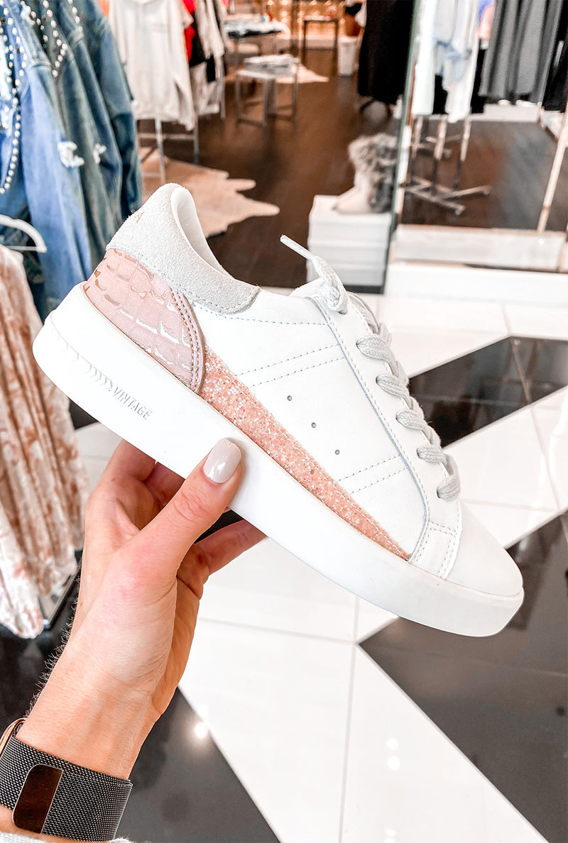 Mabely White And Pink Glitter Low Top Glitter Vintage Havana Sneaker - Shop Kendry Collection Boutique