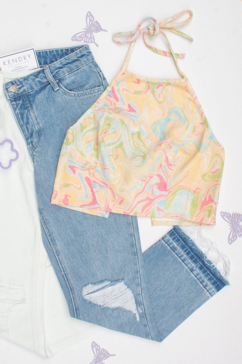 Marble Multicolor Denim Halter Top