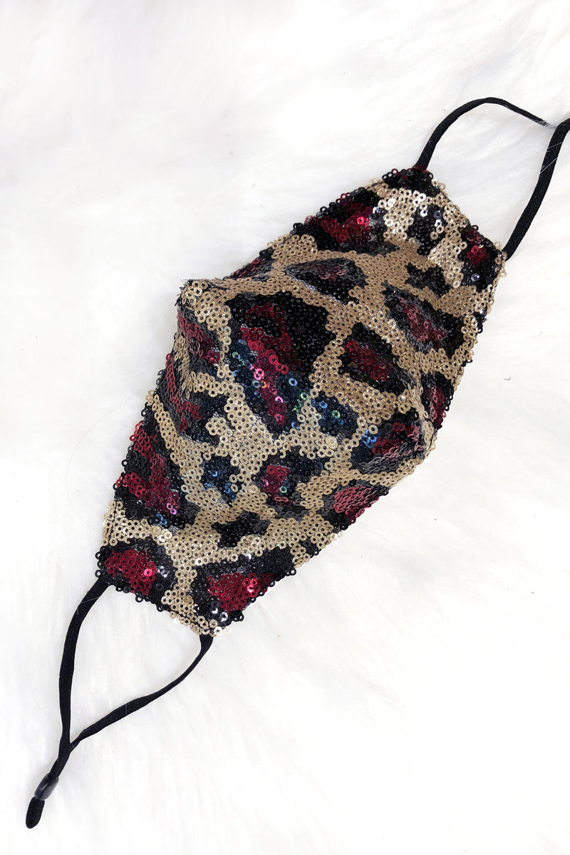 Maroon And Gold Leopard Sequin Face Mask