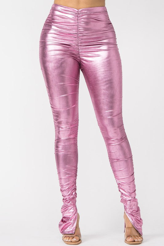 Metallic Pink Side Slit Flare Pants
