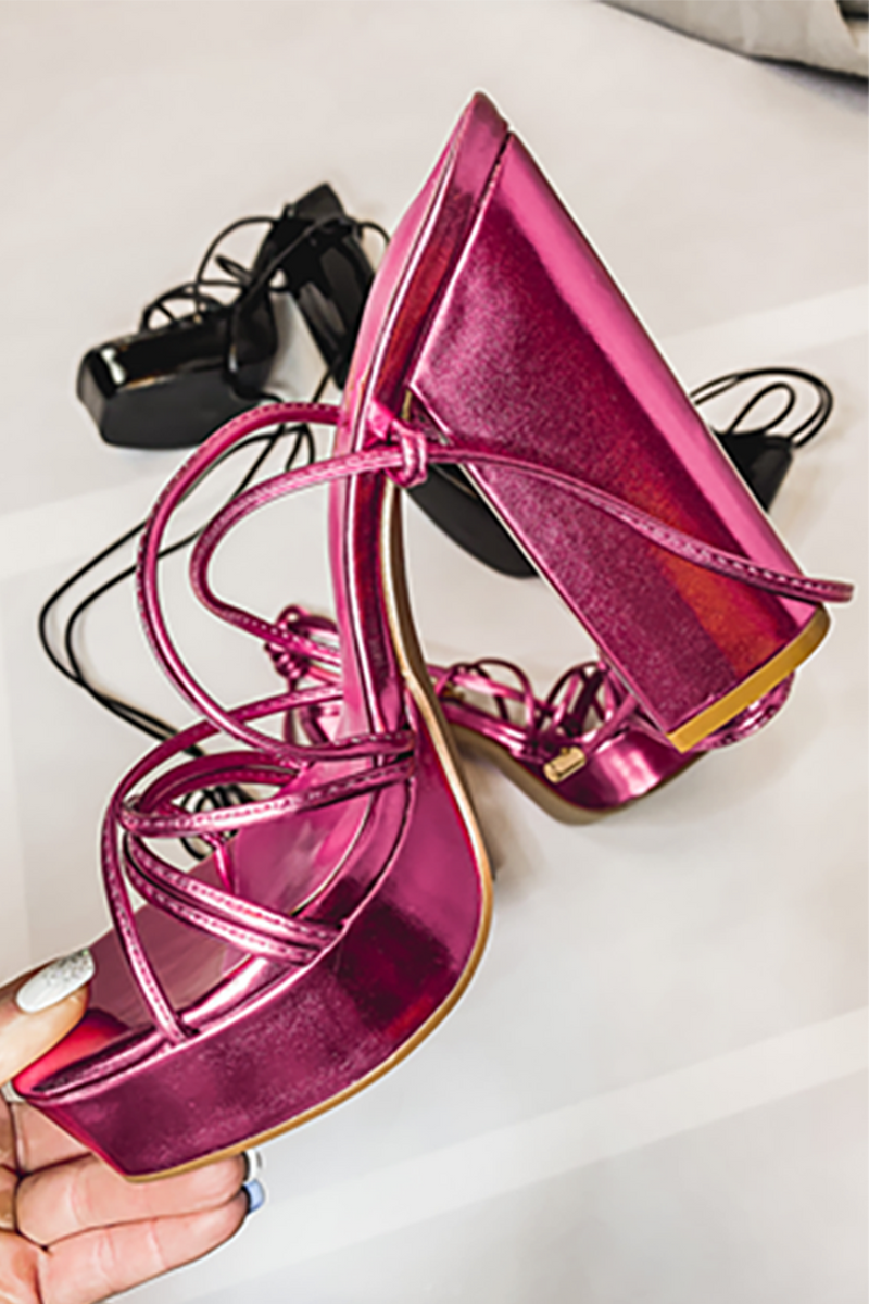 Metallic Pink Strappy Lace Up Platform Heels