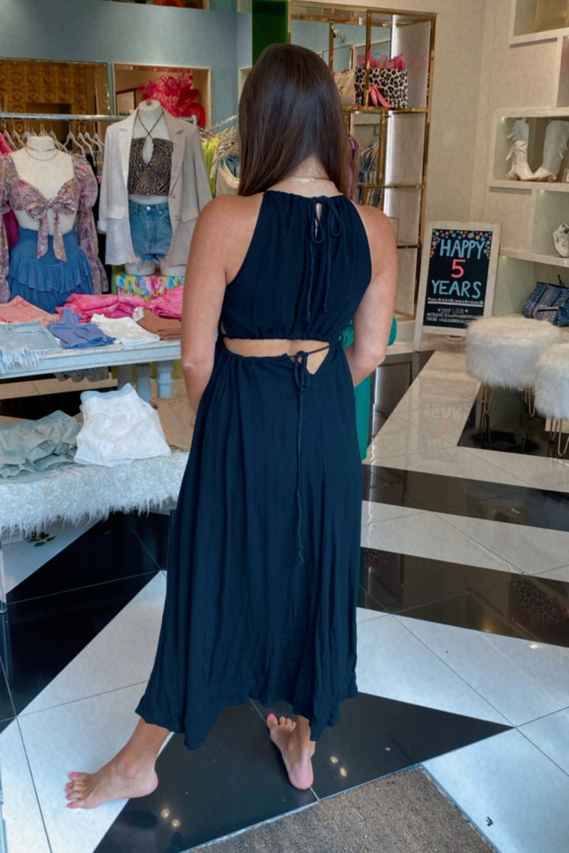 Mila Cutout Drawstring Black Maxi Dress