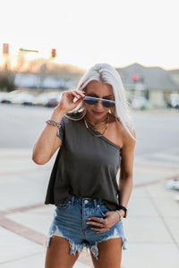 Milly Destroyed High Rise Denim Shorts - Kendry Collection BoutiqueCharcoal One Shoulder T-Shirt - Shop Kendry Collection Boutique