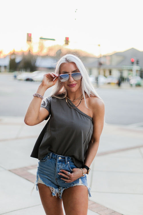 Milly Destroyed High Rise Denim Shorts - Kendry Collection BoutiqueCharcoal One Shoulder T-Shirt - Shop Kendry Collection Boutique