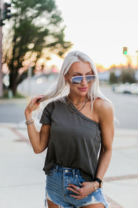 Milly Destroyed High Rise Denim Shorts - Kendry Collection BoutiqueCharcoal One Shoulder T-Shirt - Shop Kendry Collection Boutique