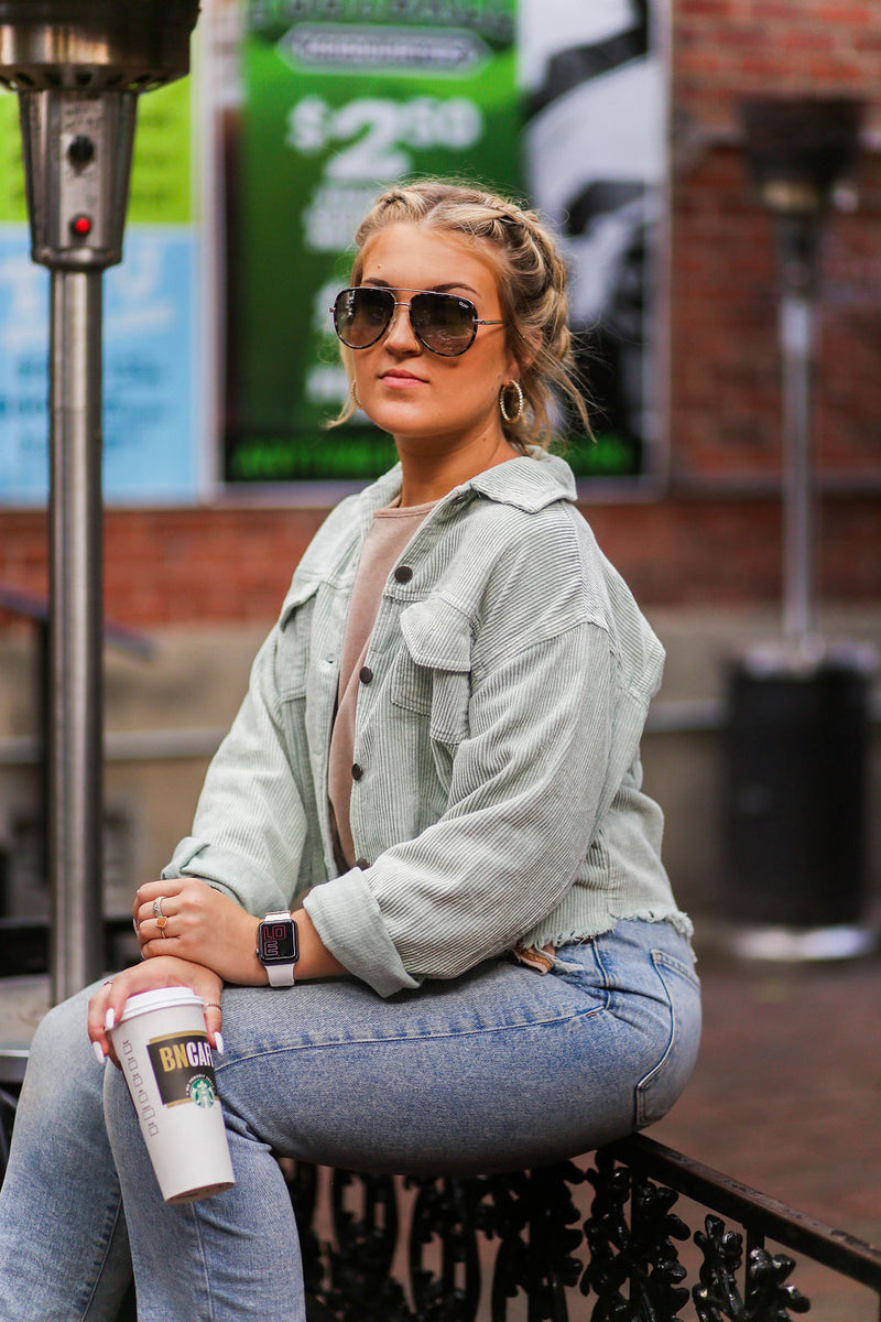 Mint Green Corduroy Distressed Hem Jacket - Kendry Collection Boutique