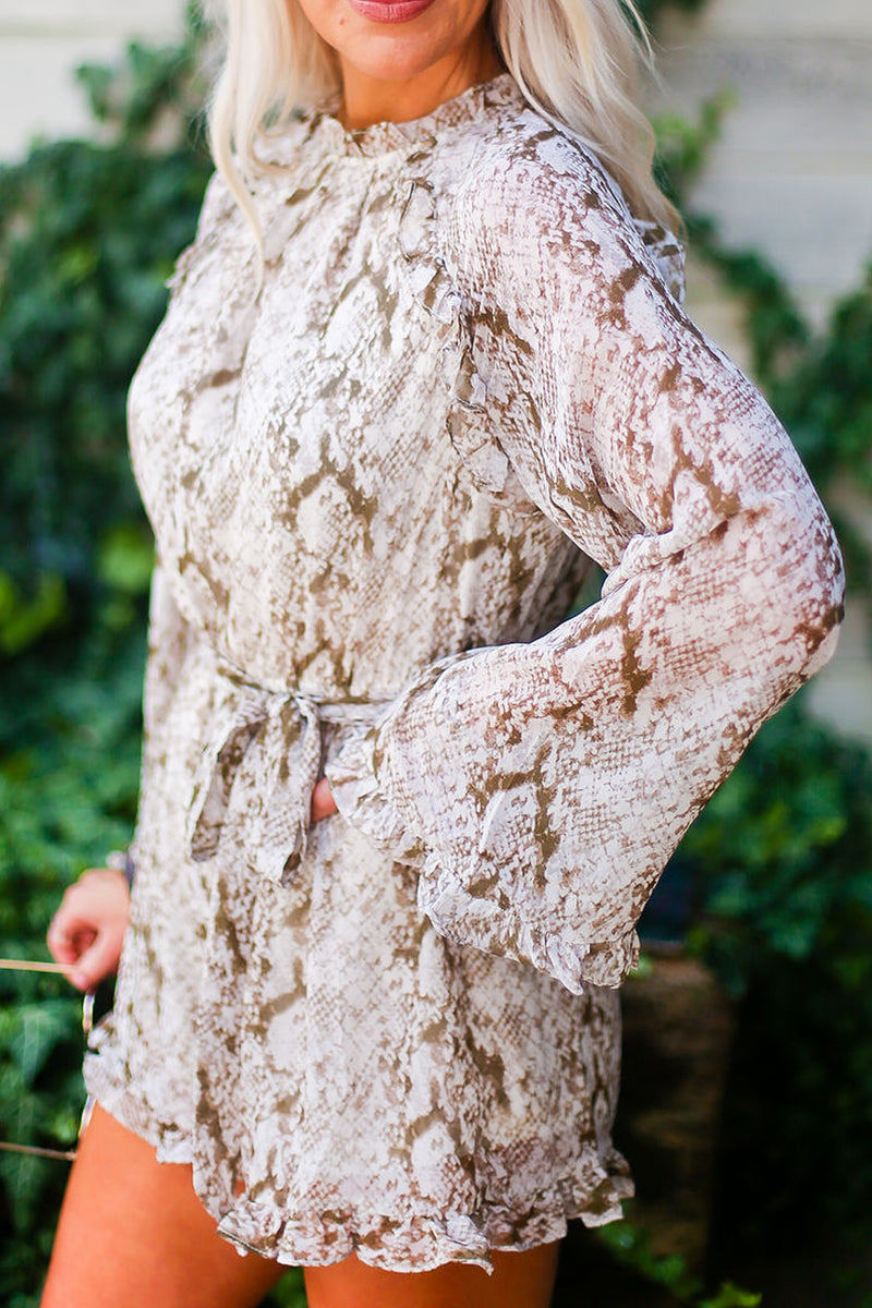 Mocha Snake Skin Long Sleeve Romper- Kendry Collection Boutique