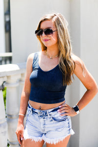 Navy Blue Acid Wash Ribbed Cropped Tank - Shop  Kendry Collection Boutique Online