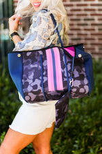 Navy Blue Camo And Pink Stripe Neoprene Tote Bag - Shop Kendry Collection Boutique