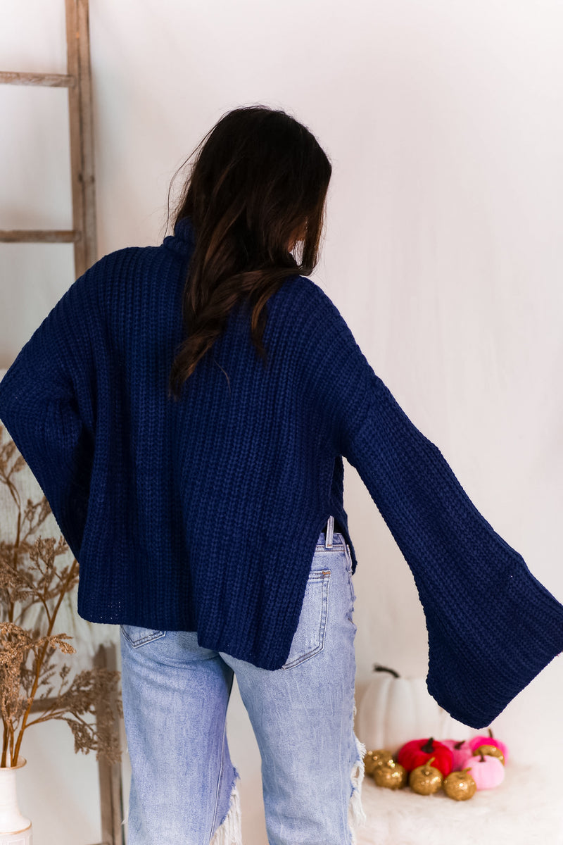 Navy Blue Turtleneck Side Slit Sweater - Shop Kendry Collection Boutique