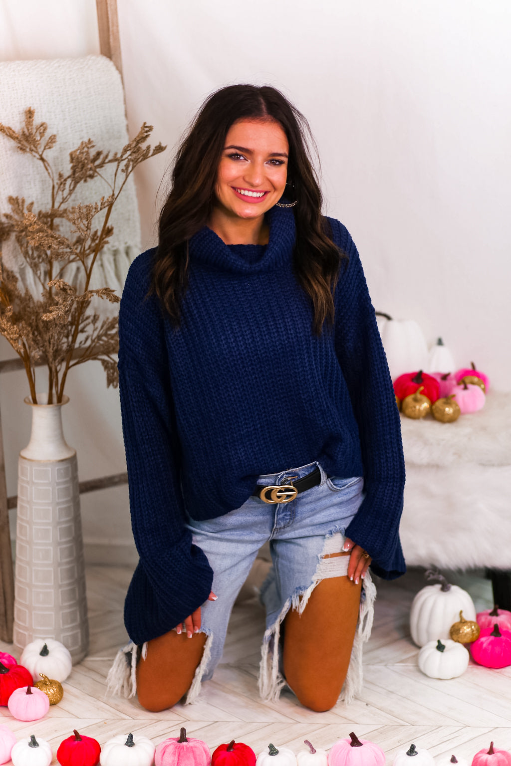 Navy Blue Turtleneck Side Slit Sweater - Shop Kendry Collection Boutique