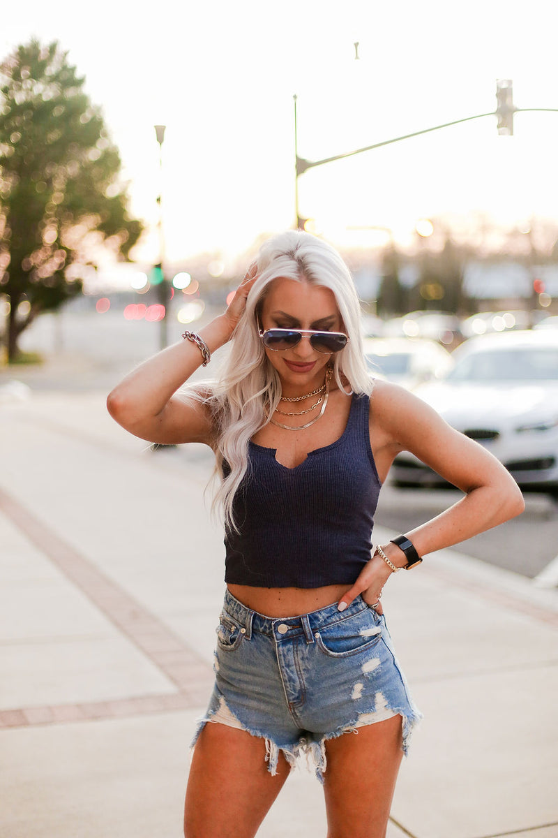 Navy Blue V Cut Ribbed Knit Tank Top - Shop Kendry Collection Boutique