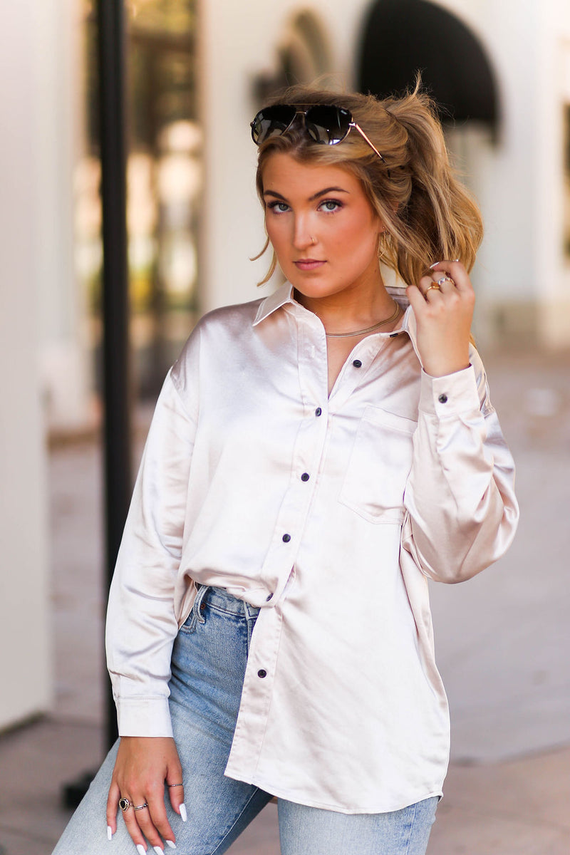 Oatmeal Satin Button Down Top - Shop Kendry Collection Boutique