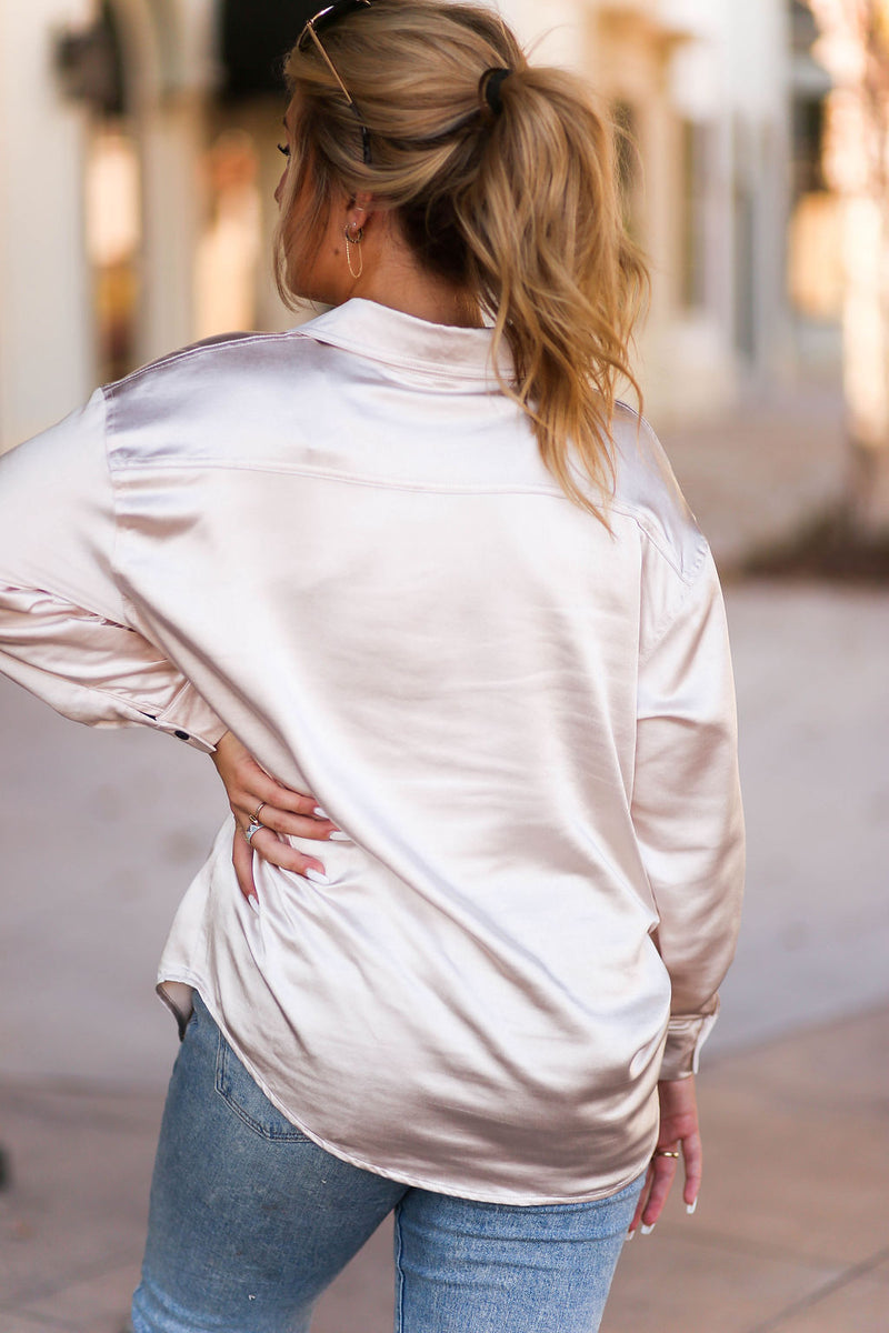Oatmeal Satin Button Down Top - Shop Kendry Collection Boutique