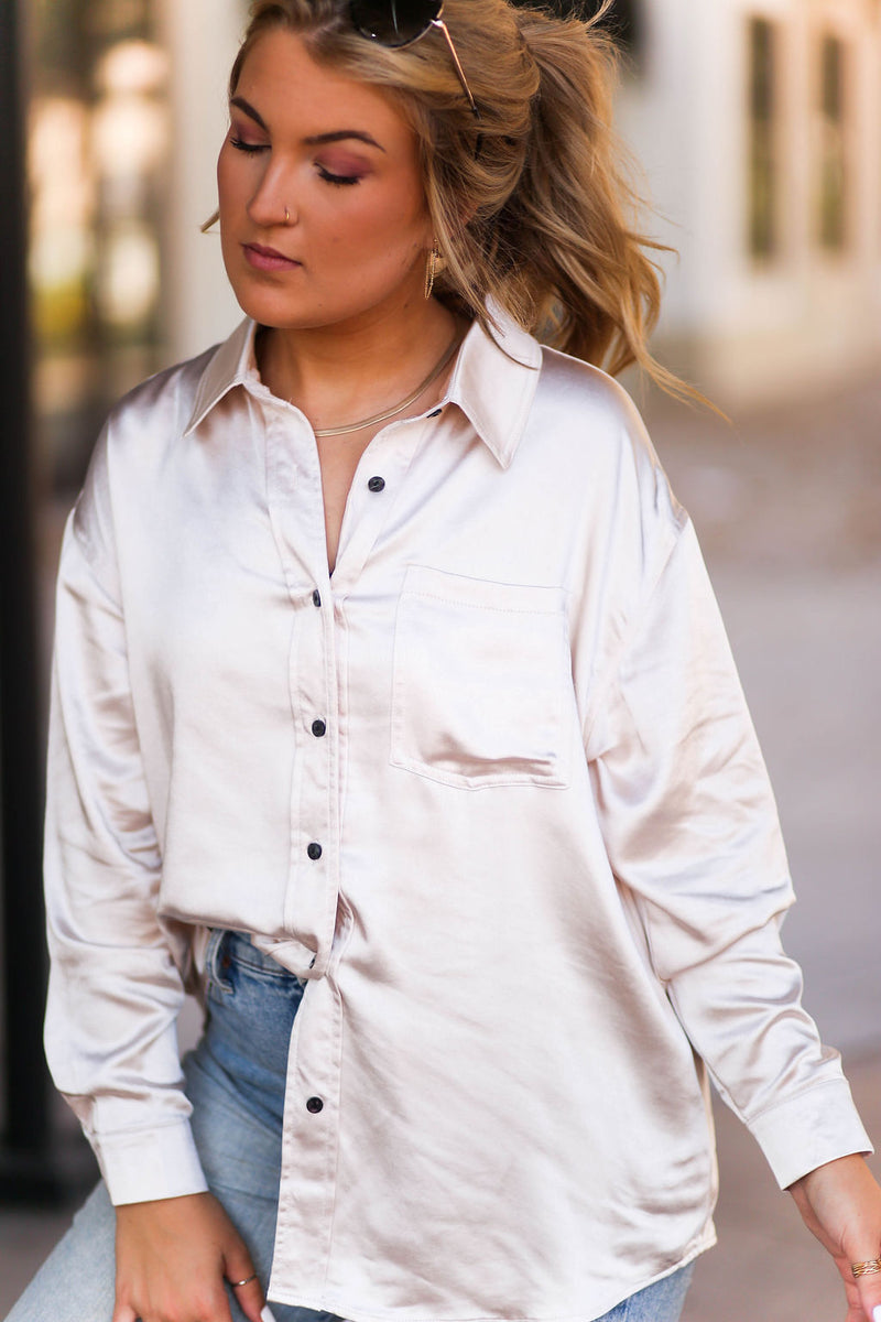 Oatmeal Satin Button Down Top - Shop Kendry Collection Boutique