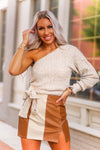 Oatmeal Side Tie One Shoulder Sweater