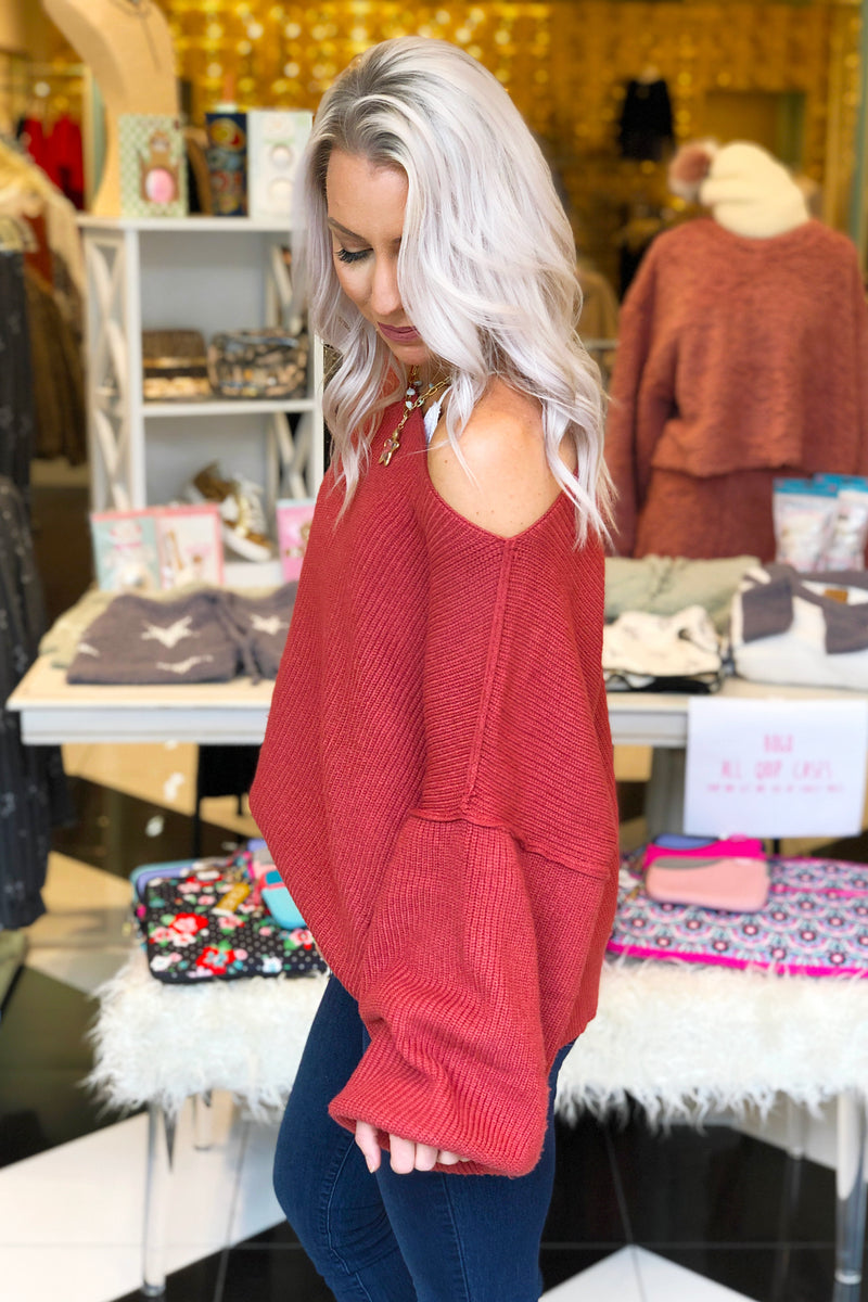 Off The Shoulder Ribbed Sweater - Rust - Kendry Collection Boutique