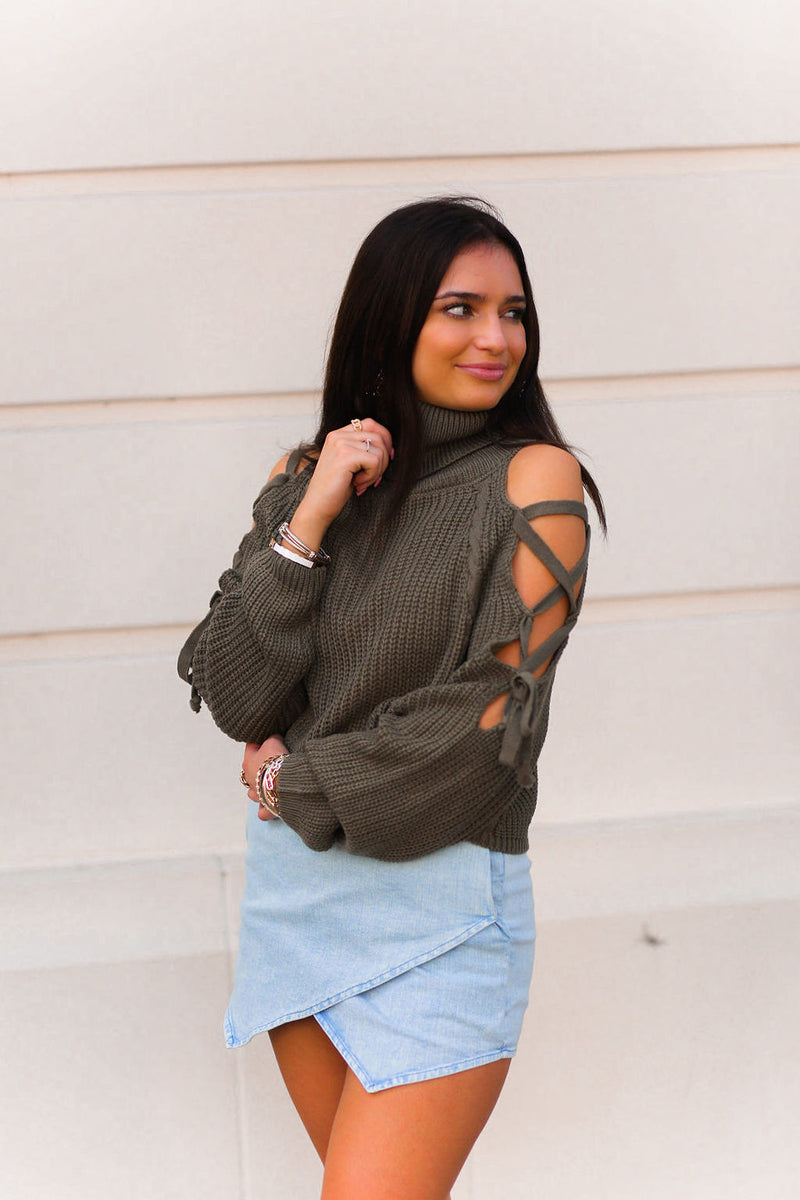 Olive Green Lace Up Shoulder Knit Sweater - Kendry Collection Boutique
